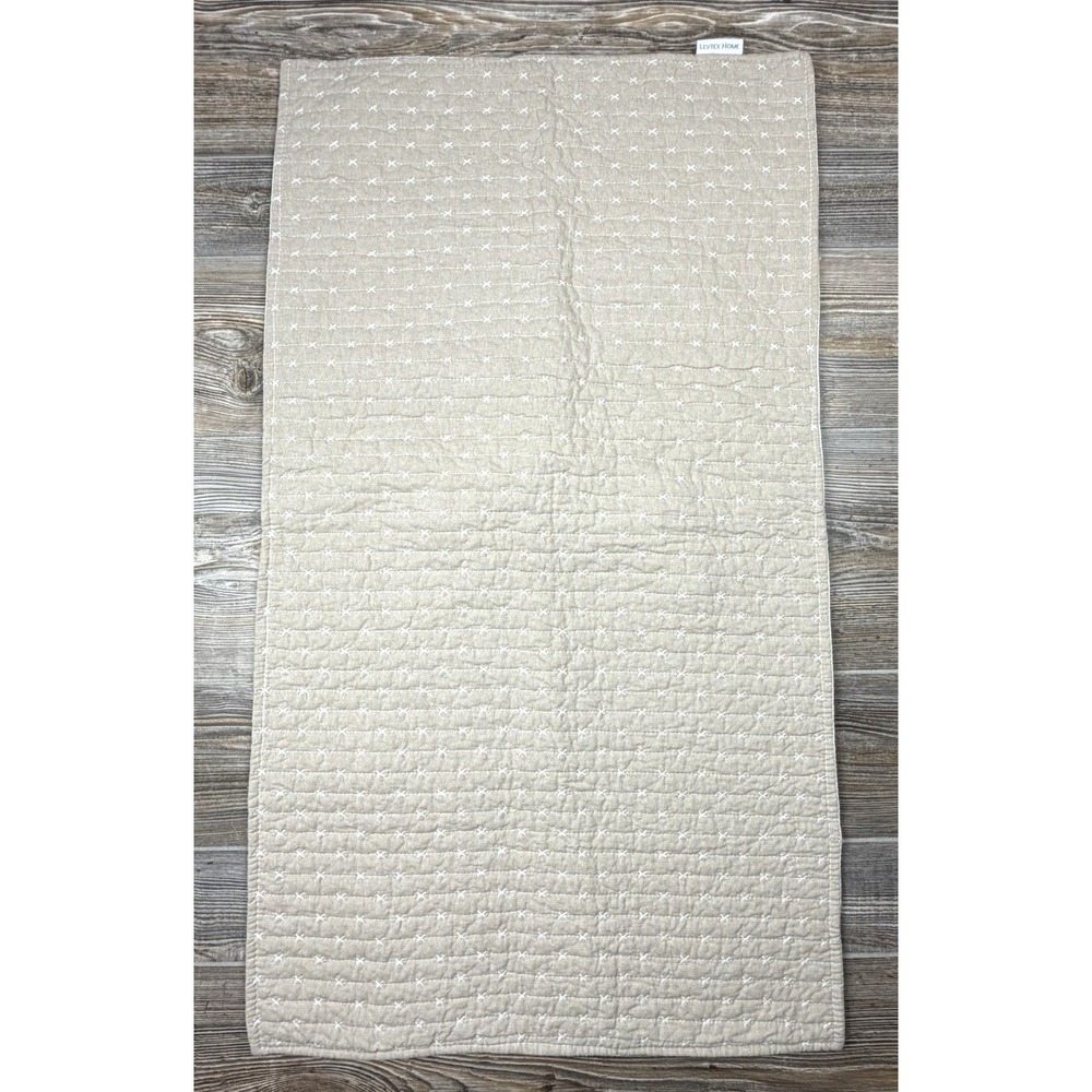 Levtex Home King Pillow Shams Set of 2 Quilted Tan Taupe w/ White Cross Stitch